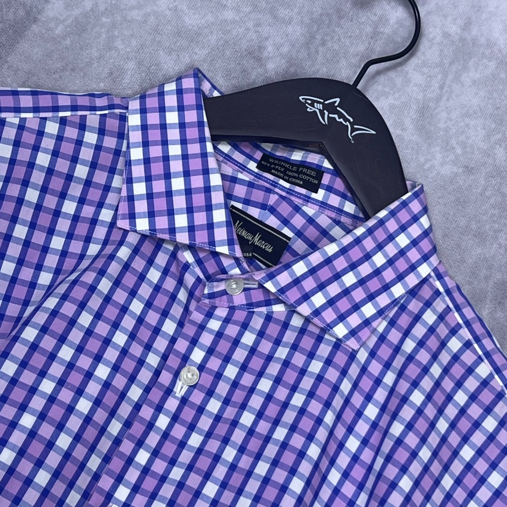 Neiman Marcus Dress Shirt Mens 17.5 34/35 Purple Gingham Check Cotton Excellent